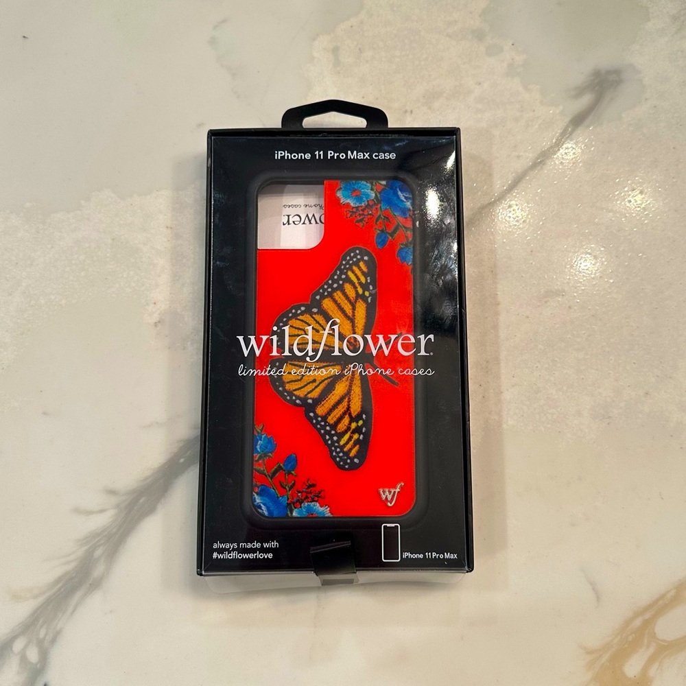 Red iPhone 11 Max Pro Wildflower Case, yellow butterfly design with blue flowers